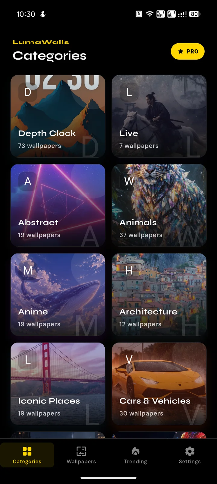 Luma Walls categories screen