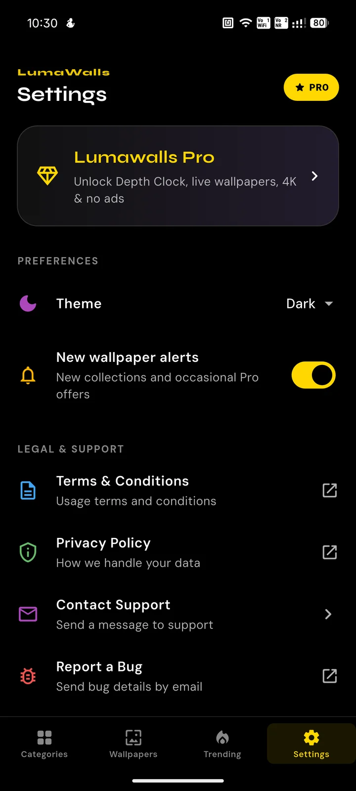 LumaWalls settings screen with Pro upgrade