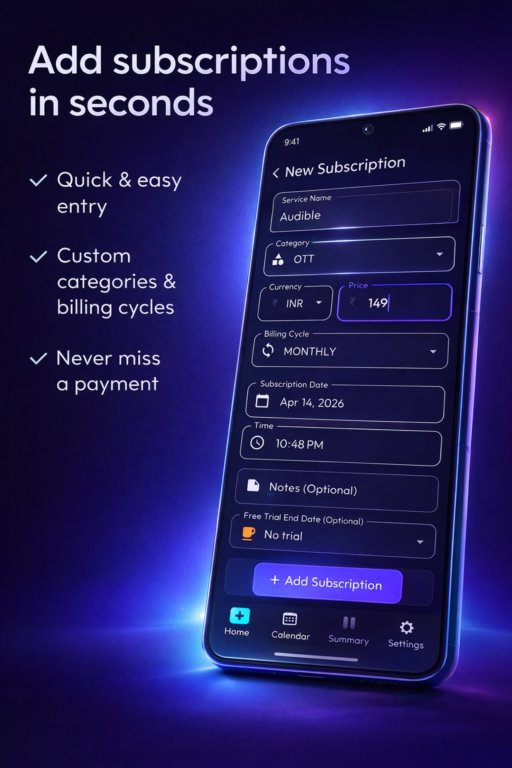 SubReminder add subscription screen