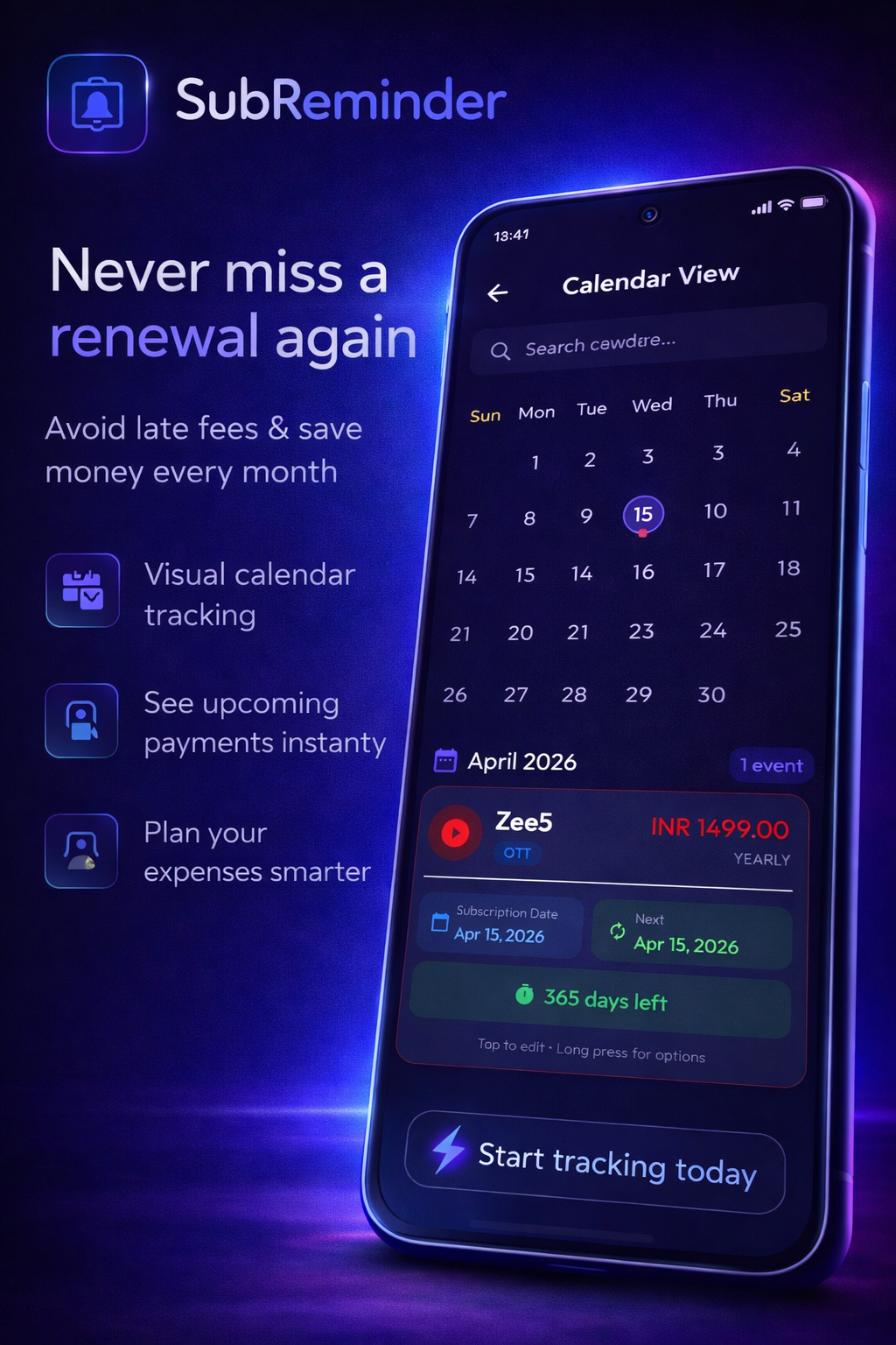 SubReminder calendar screen