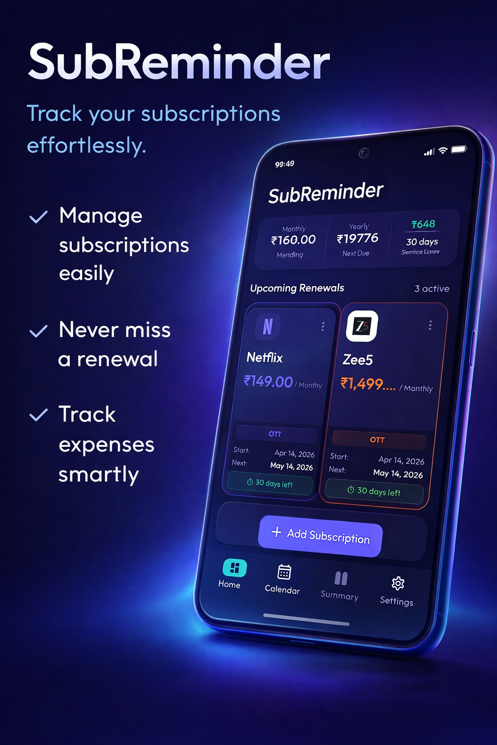 SubReminder home dashboard screenshot