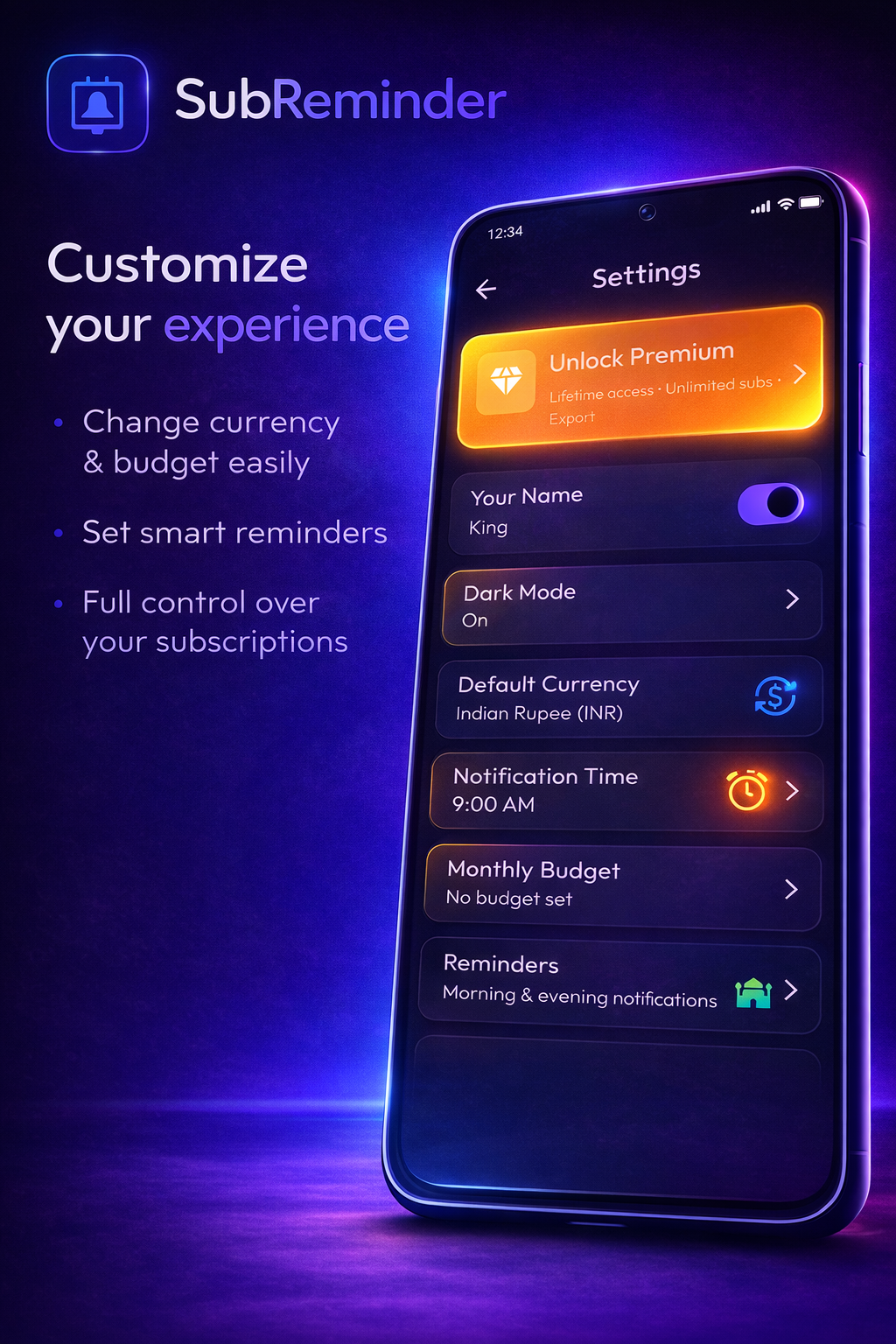 SubReminder settings screen